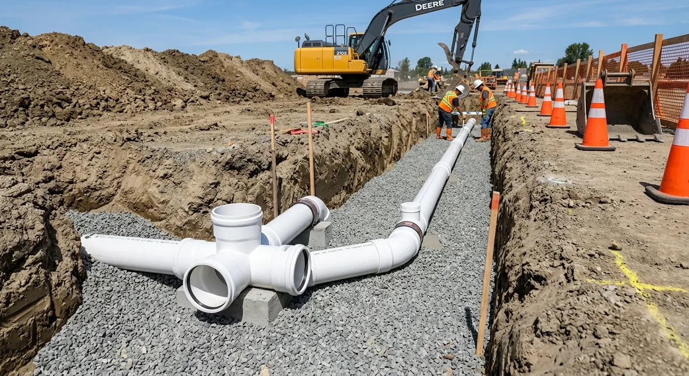 New PVC sewer pipe installation in open trench for Commercial Drain Cleaning in Bemidji